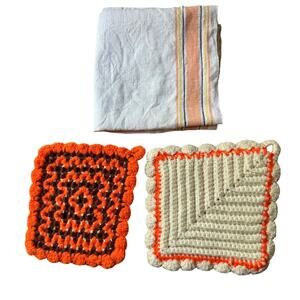 Cottage Core Kitchen Pot Holder Tea Towel Set Orange Brown Fall Thanksgiving